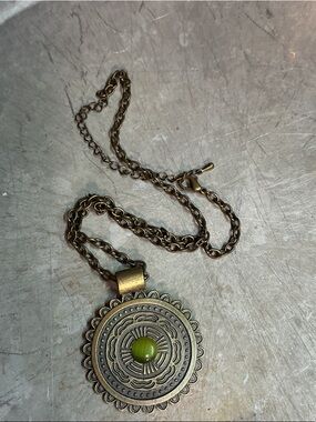 Vintage-Inspired Brass Pendant Necklace with Green Stone